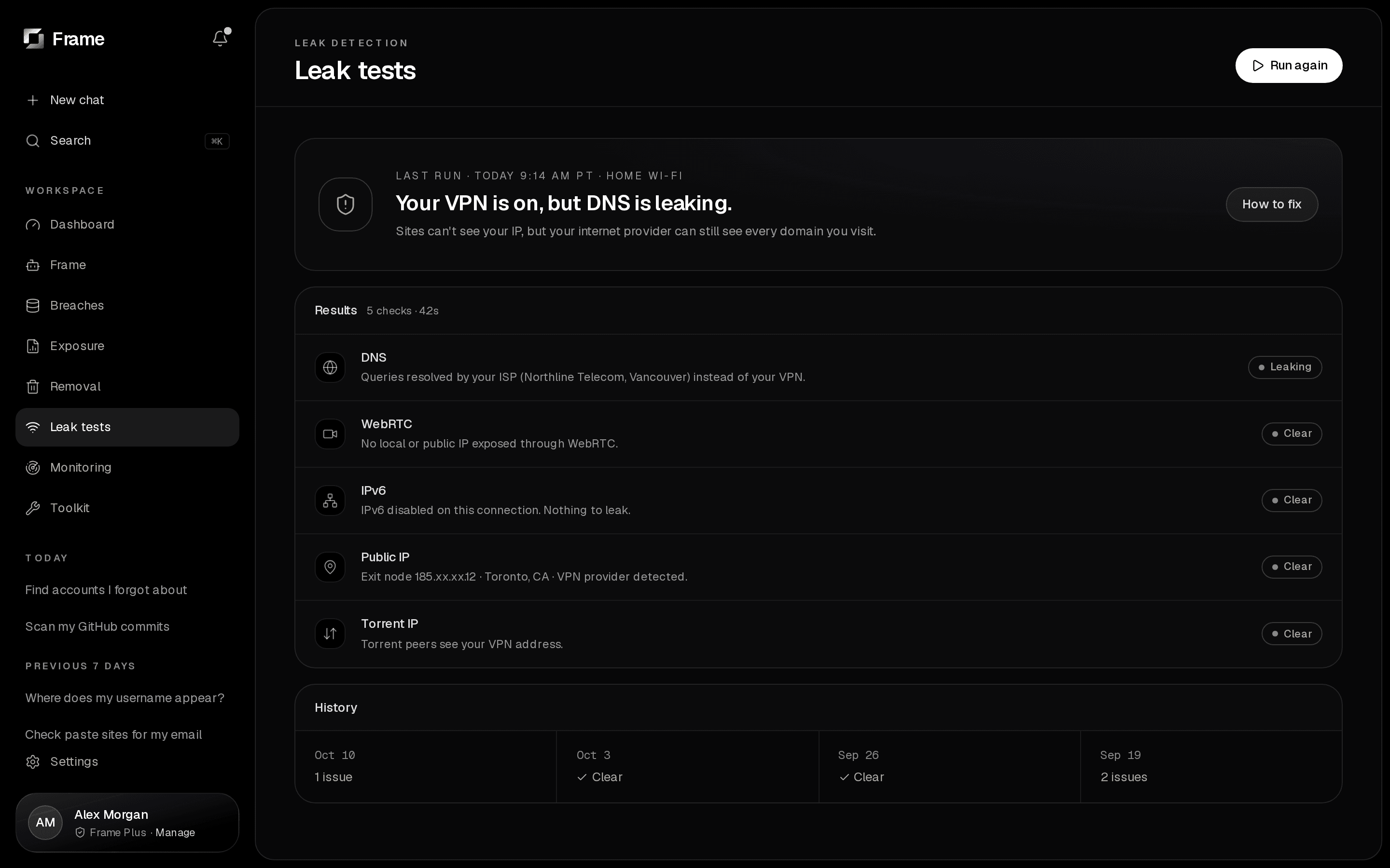 Frame Leak Detection screen
