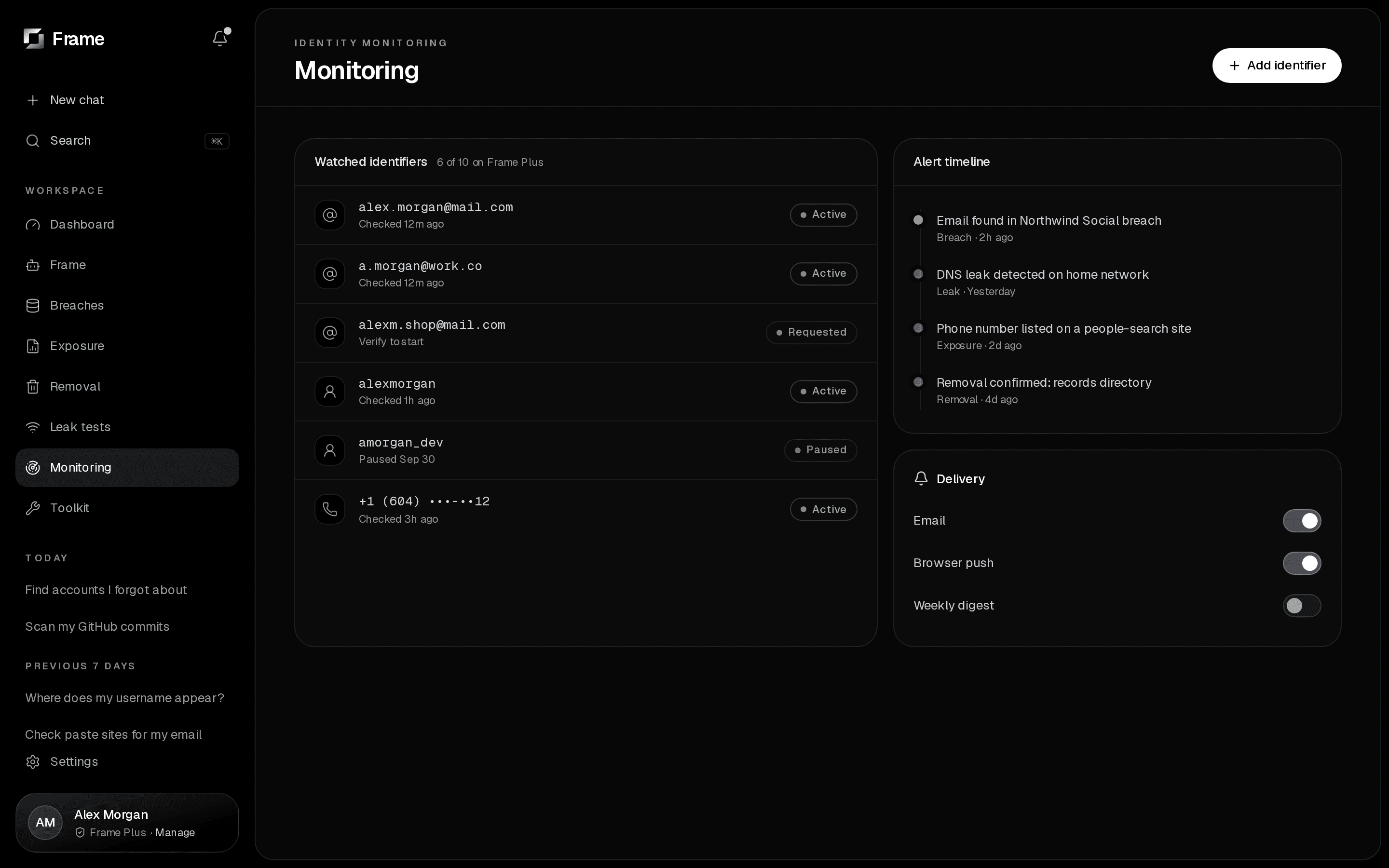 Frame Identity Monitoring screen
