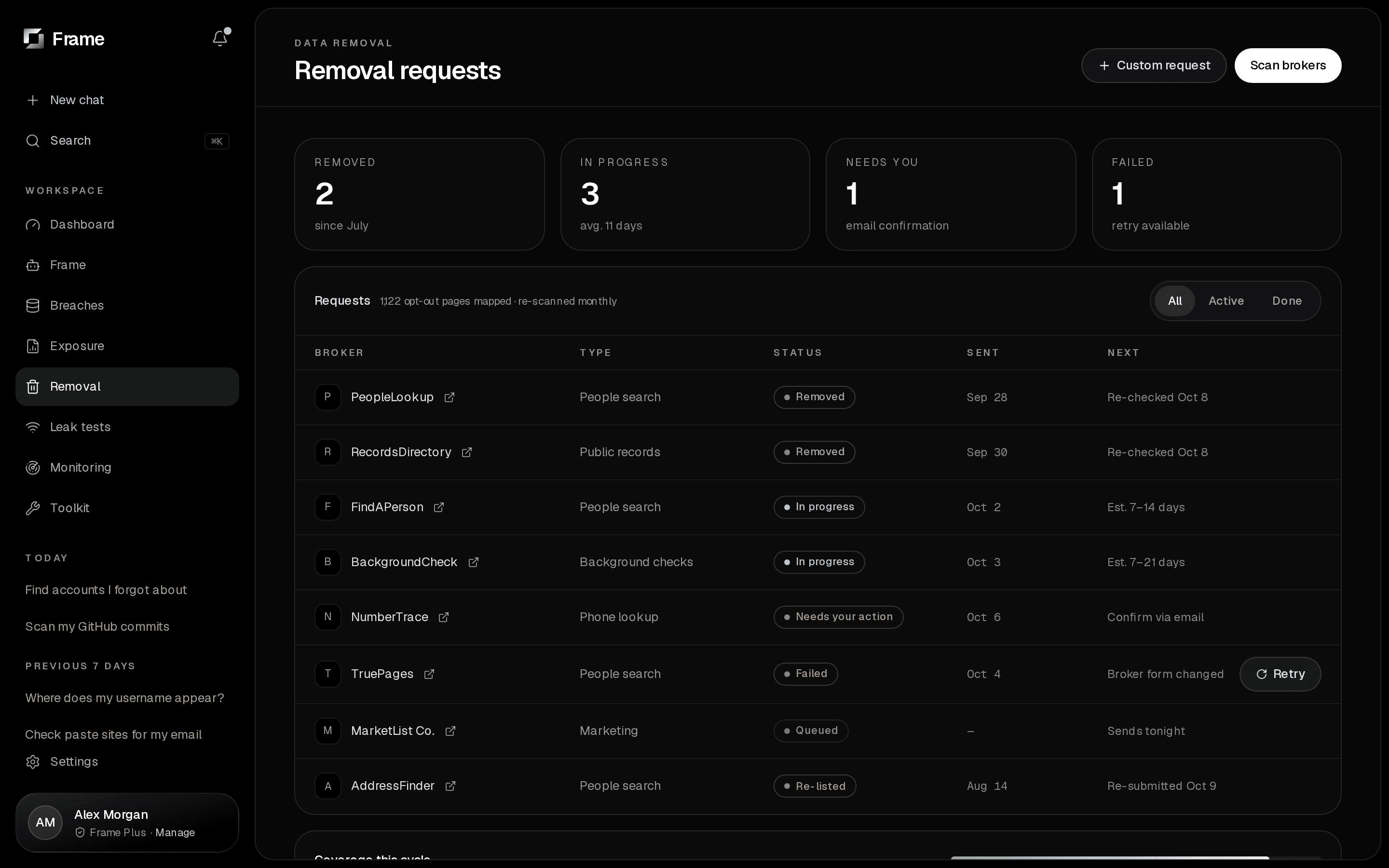 Frame Data Removal screen