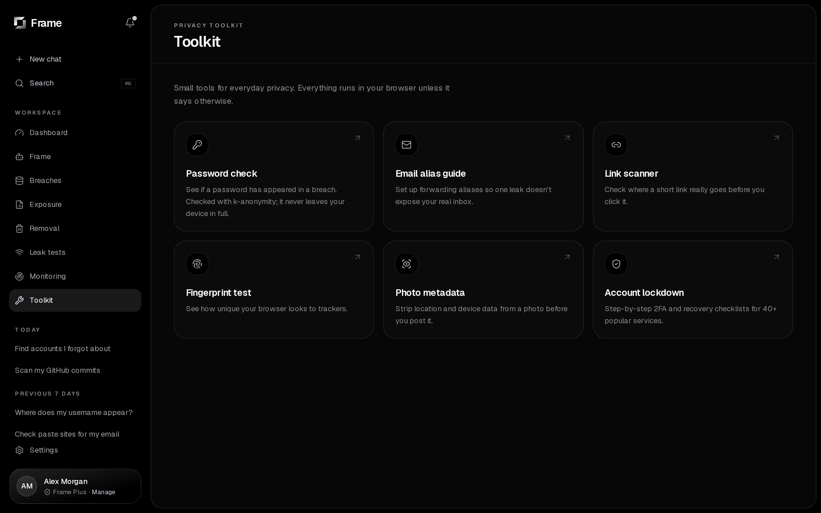 Frame Privacy Toolkit screen