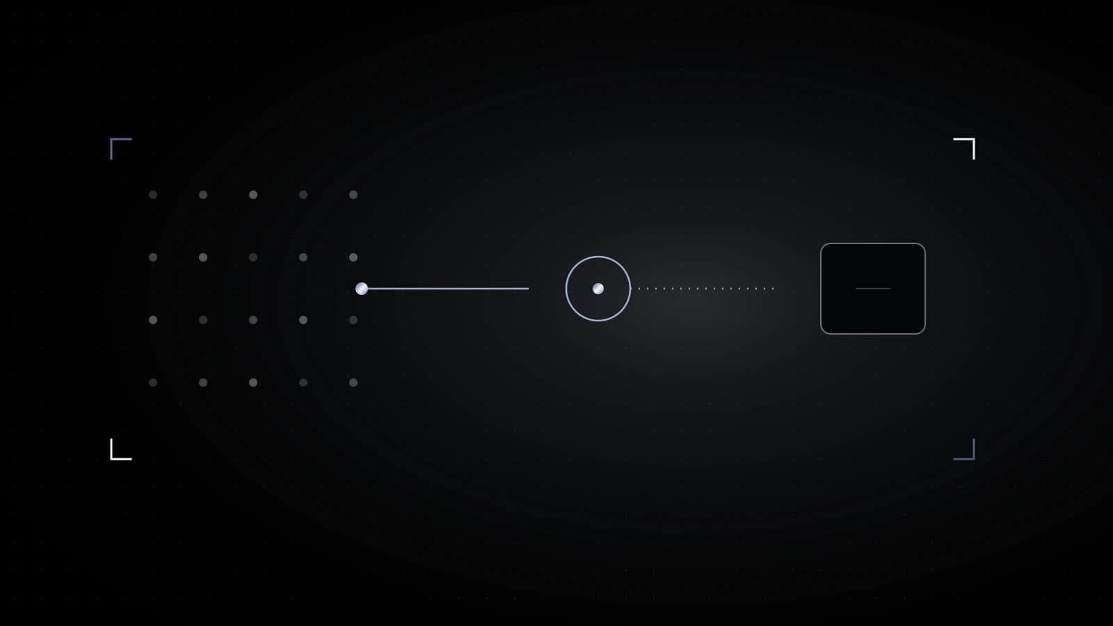 A pale field of dots, one steel line that passes through a ring and breaks before a dark box.
