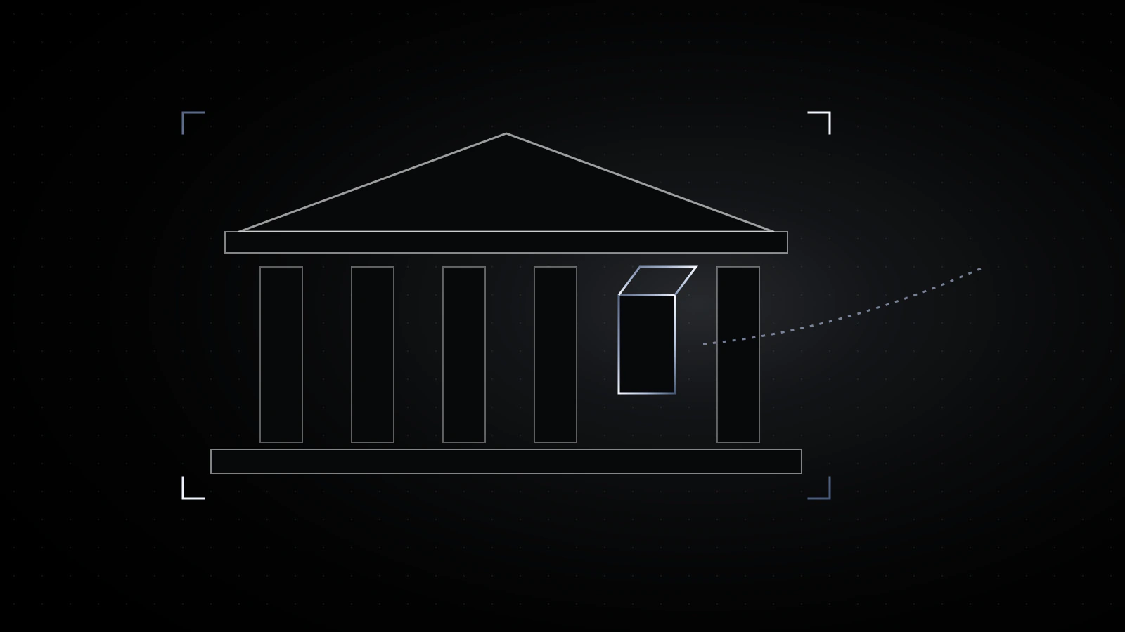 Le contour d’un édifice public à colonnes sur fond noir, une colonne remplacée par une boîte d’acier ouverte d’où part une ligne pointillée.