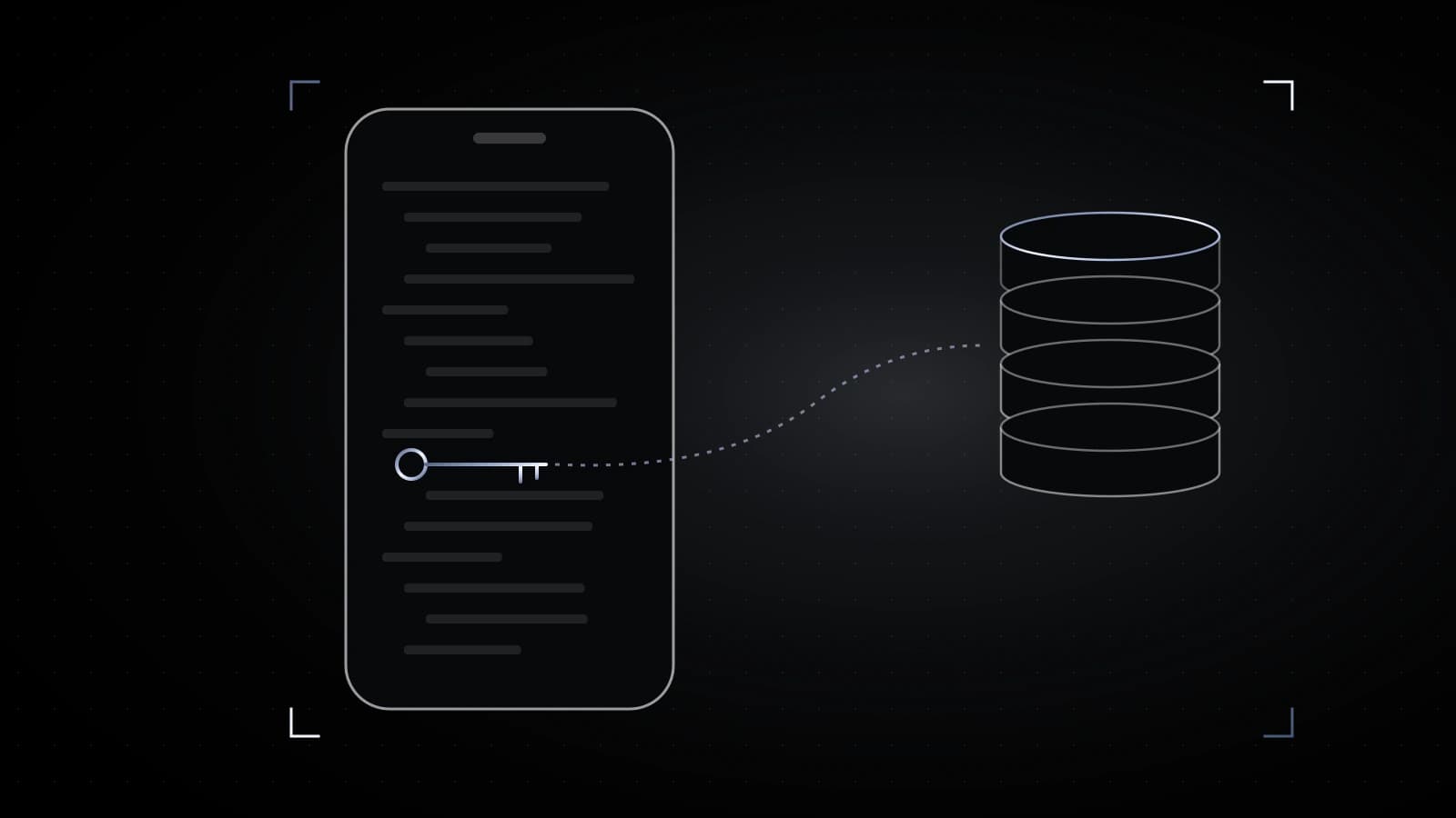 A phone outline on black with lines of faint code inside, one short line glowing in steel as a key shape, and a dotted path from it to a stack of database discs.