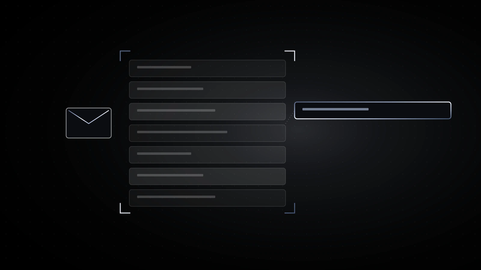 A stack of pale document outlines on black, one sheet pulled aside in steel, and a simple envelope to the left.