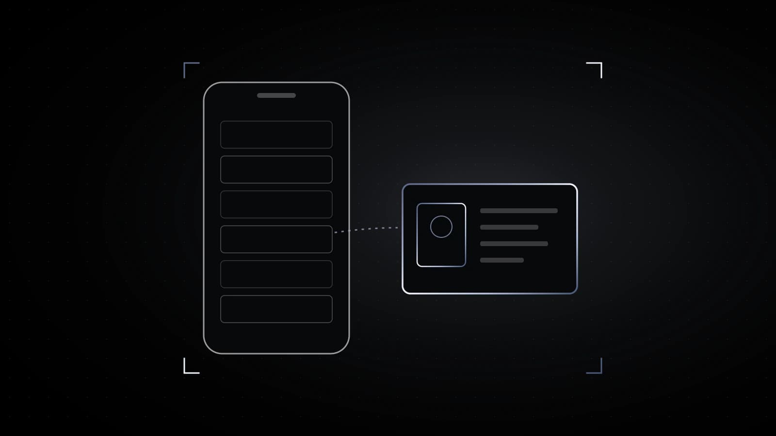 A phone outline on black holding a stack of small document cards, one ID-style card outlined in steel sliding out of the stack toward the right.