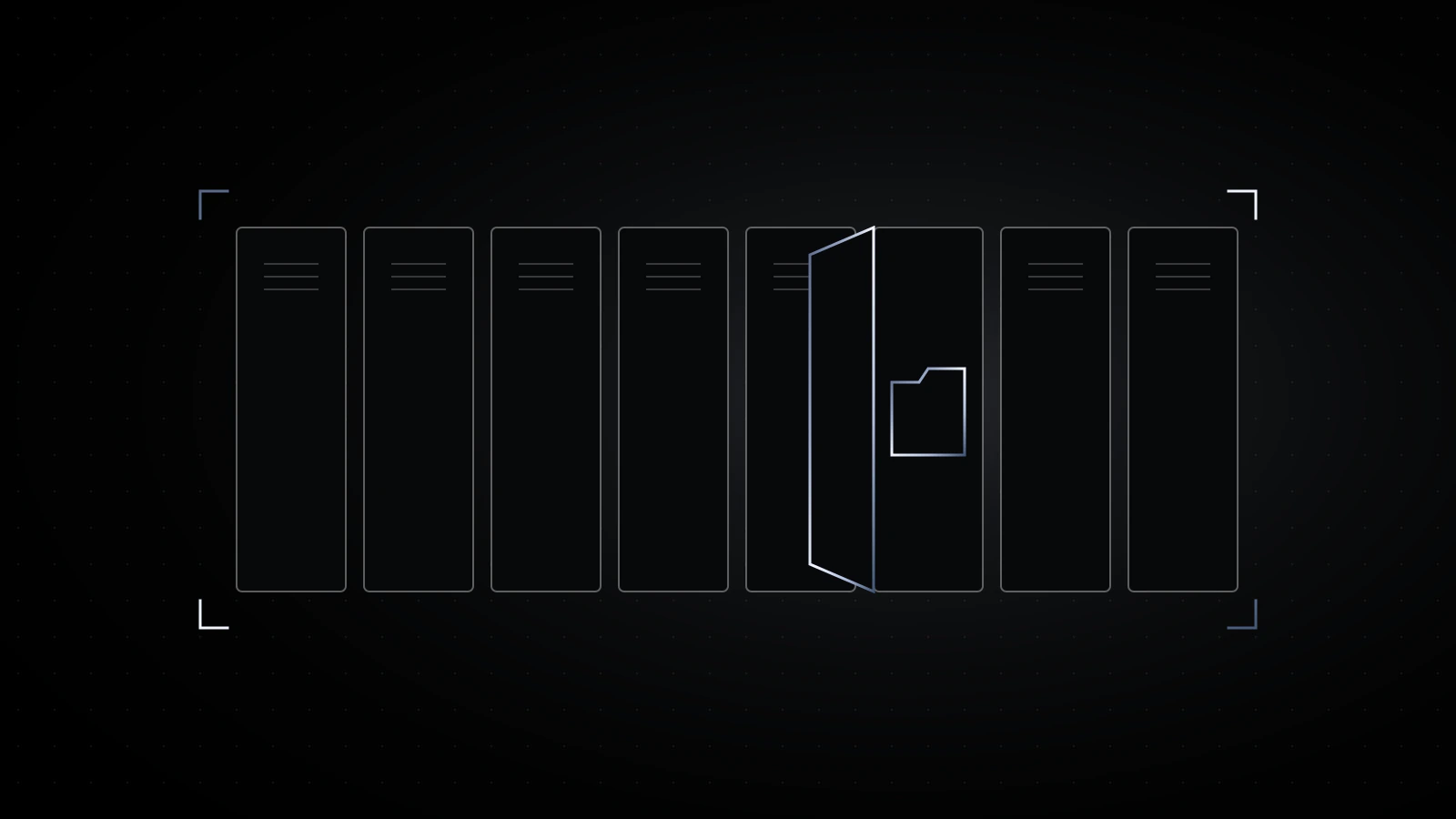 A row of small plain school lockers on black, one door hanging open with a steel outline of a folder inside.