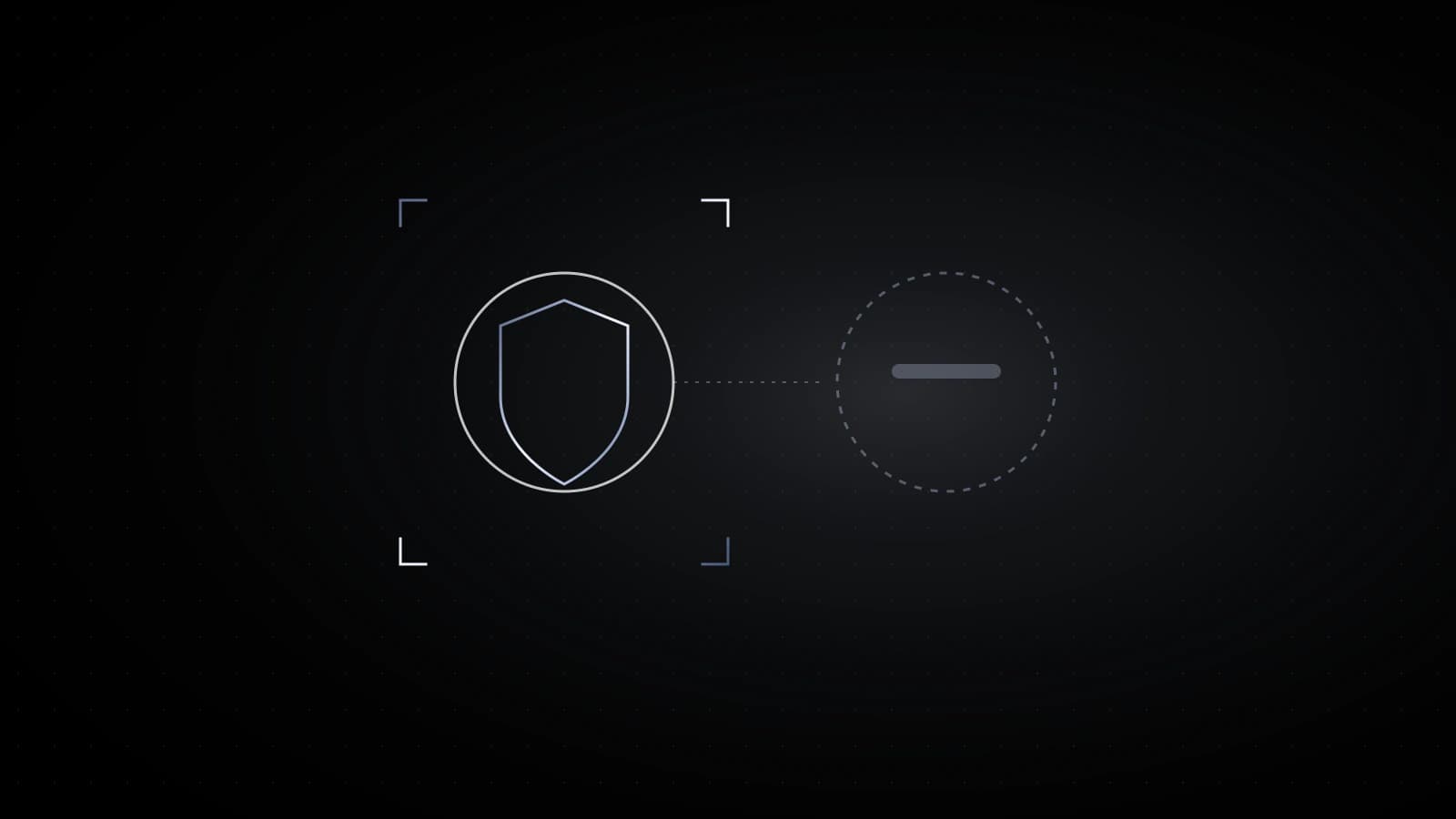A solid shield outline in steel on black, and a second dashed circle beside it with a short payment bar inside.