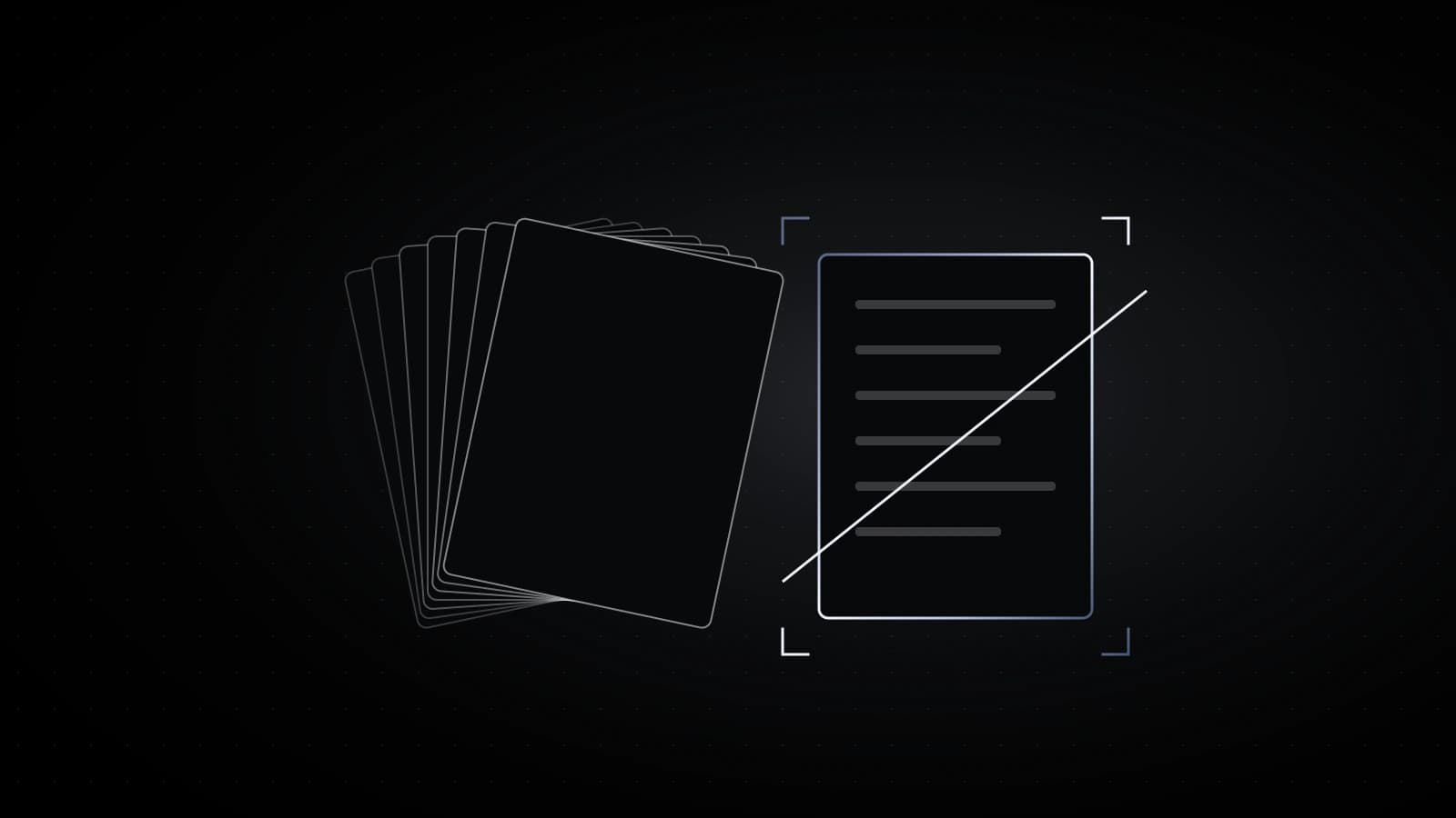 A stack of plain paper slips on black, fanned out, with one slip slid out and crossed by a thin steel line.