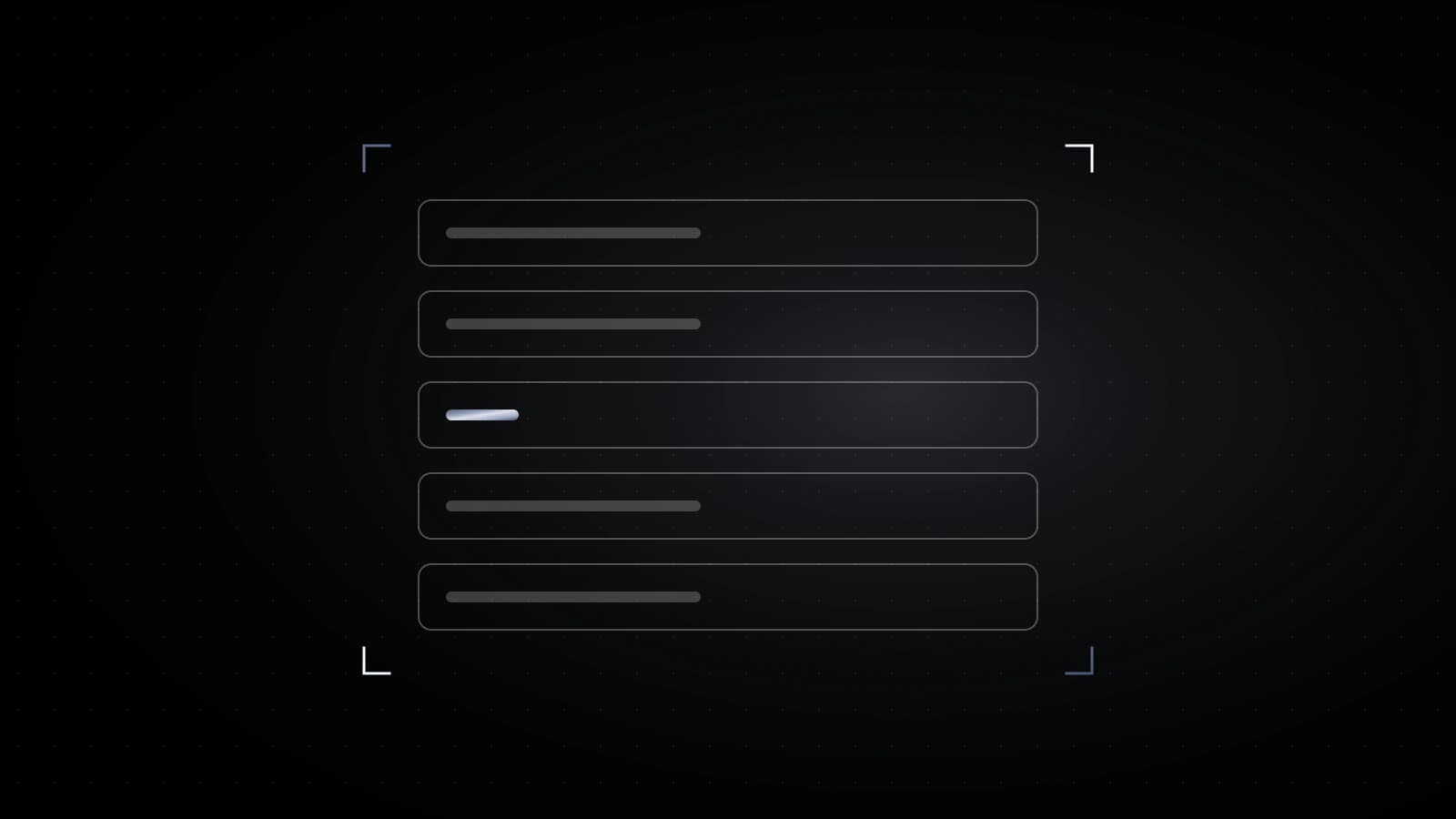 Five account rows inside bracket corners on black. Four hold a long pale bar. The middle row holds a short steel bar.