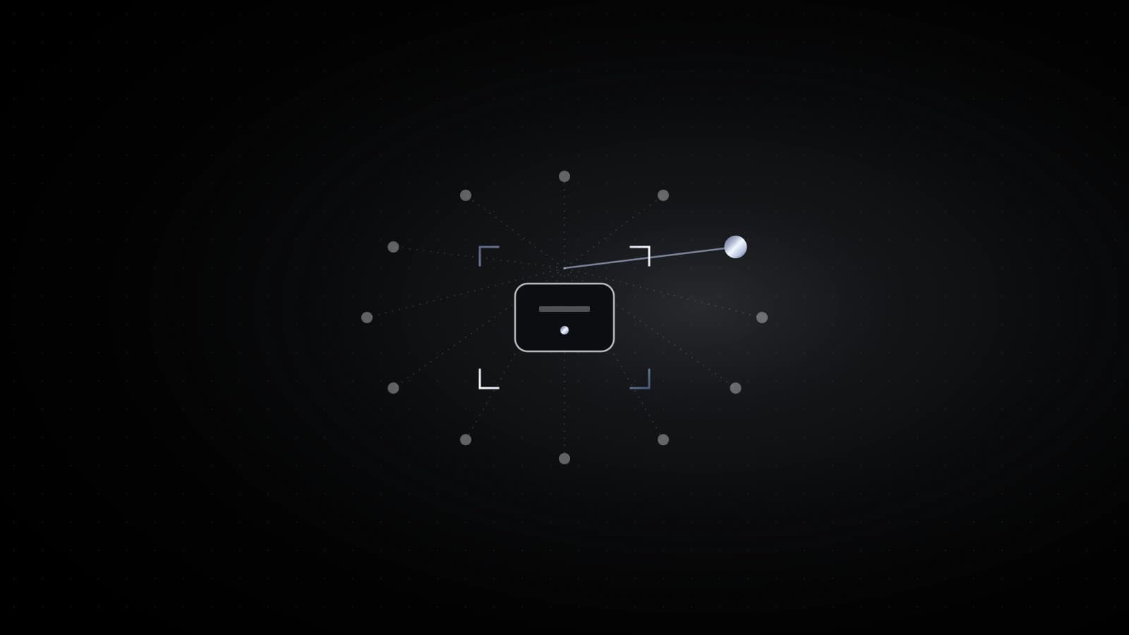 A small device outline on black, a ring of dots around it, and one steel packet among faint ordinary ones.