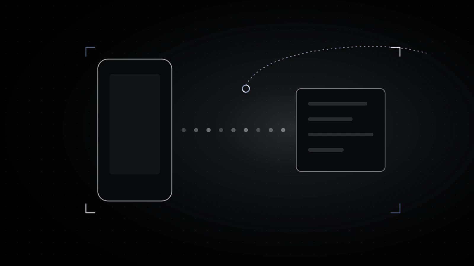 A phone outline on black with small event dots flowing from it to a separate box on the right, one of the dots outlined in steel and escaping upward.