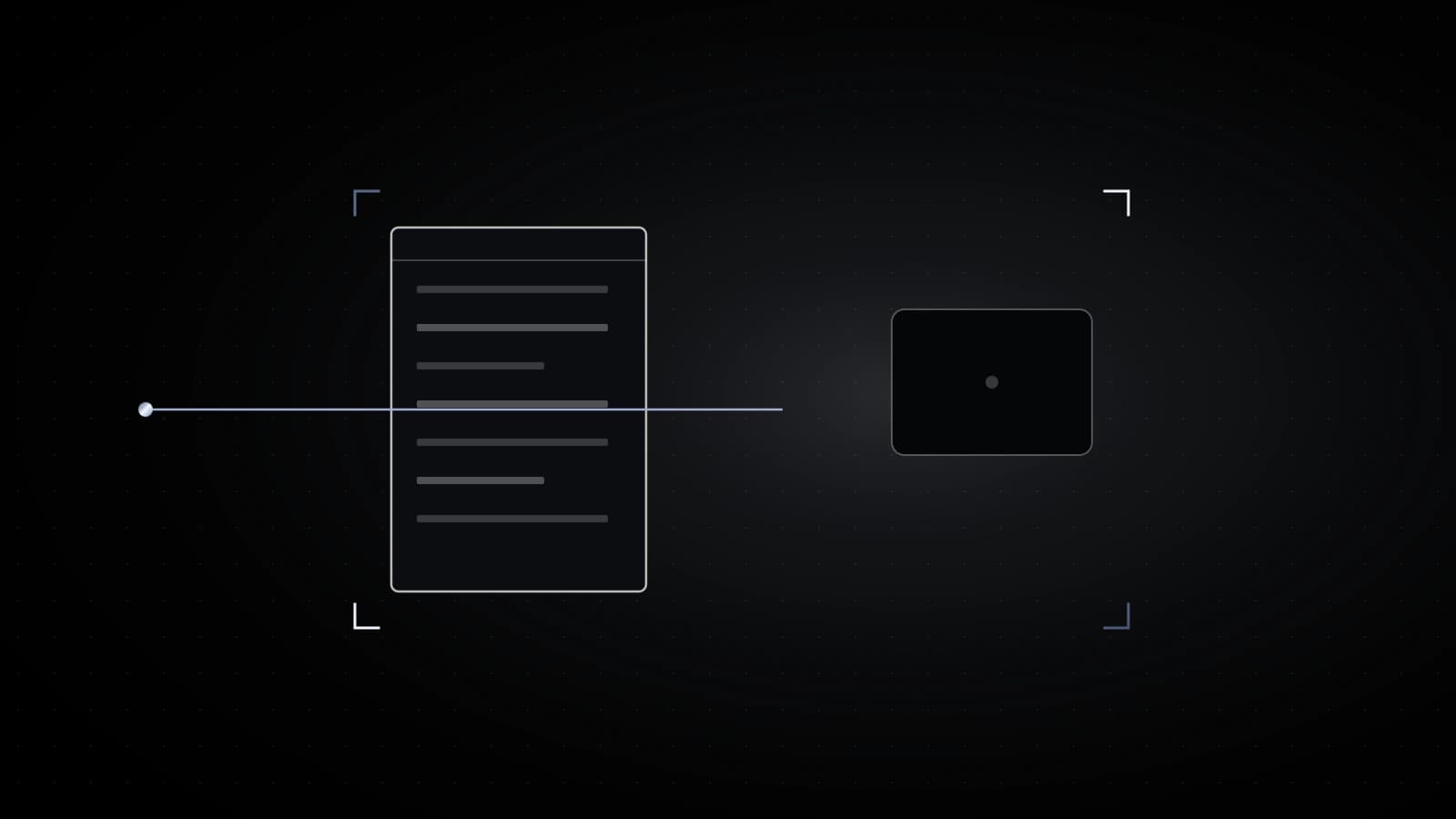A pale document page on black, a dark box beside it with a gap, and one steel line coming in through the gap.