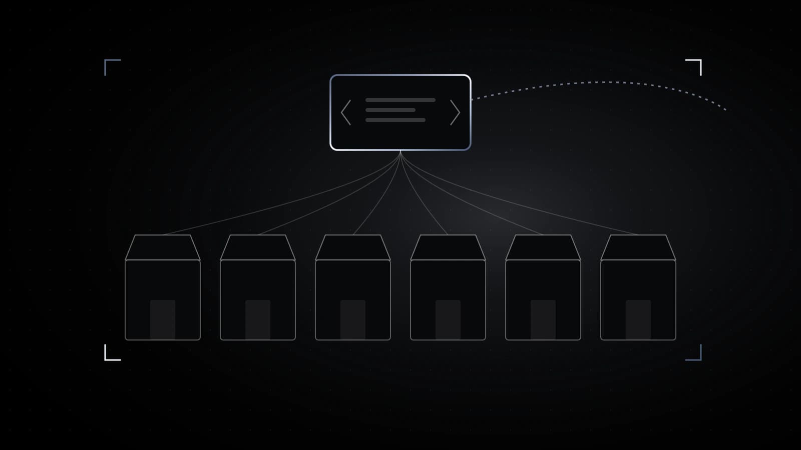 A row of shopfront outlines on black, all linked by thin lines to one shared script box above them, the box outlined in steel with a dotted path leaving it.