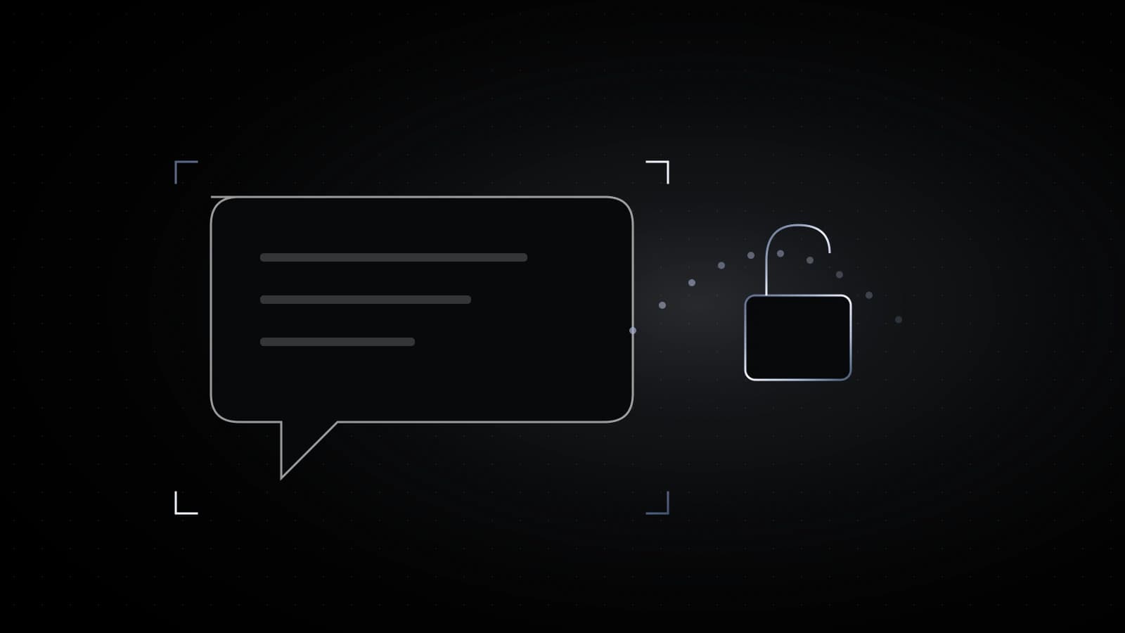 A dark speech bubble on black with a small steel lock beside it, the lock open, and a dotted trail leading out of the bubble.