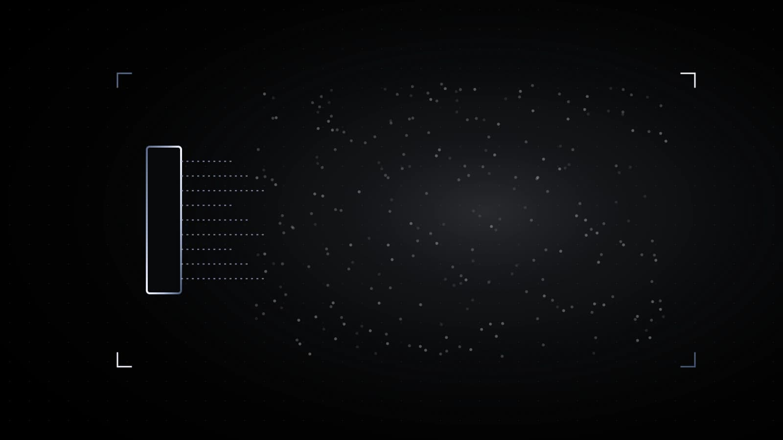 A wide field of faint dots on black, with one narrow steel doorway at the left and a dense dotted stream flowing through it.
