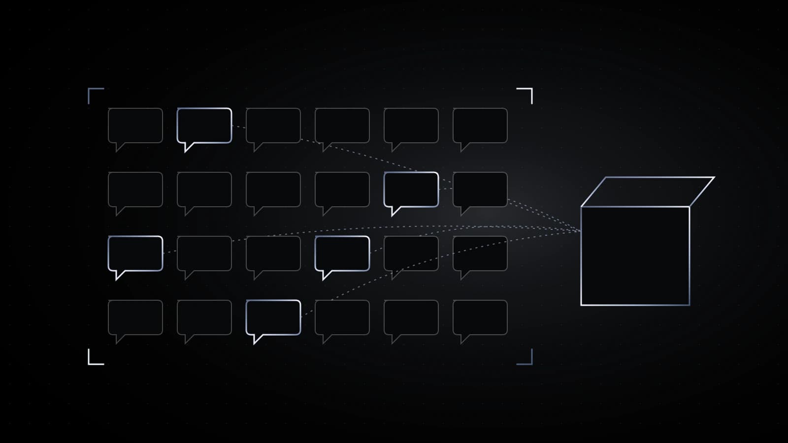 A grid of small chat-bubble outlines on black, a handful outlined in steel and connected by dotted lines to a single open box.