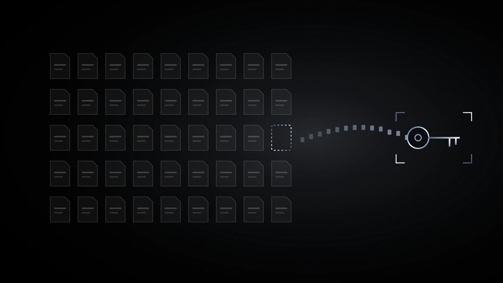 Rows of small pale file outlines on black, one empty slot at the edge, and a dotted stream leading to a steel-bracketed key at the right.