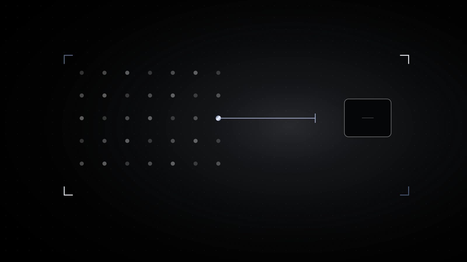 A field of small pale dots on black, one steel line stopped short of a closed dark box.