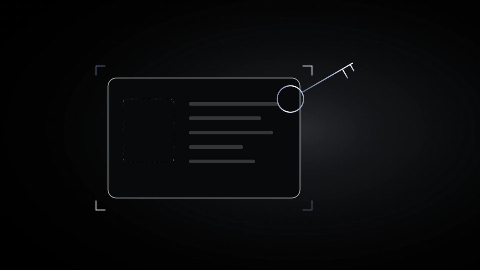 A plain driver licence outline on black, its photo square empty, with a small steel key resting across one corner.