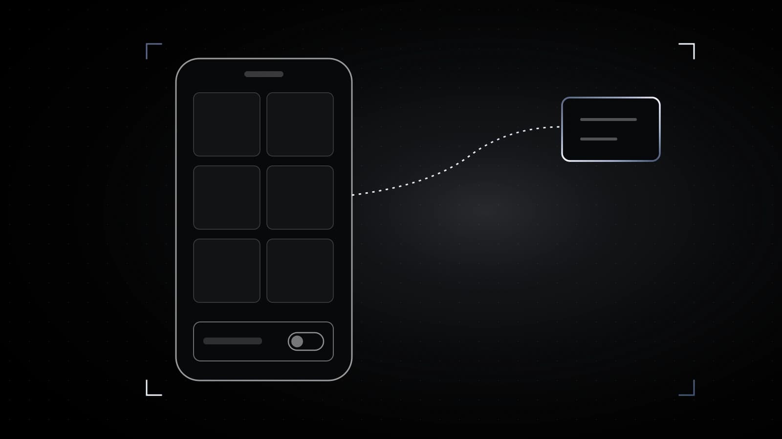 A phone outline on black showing a faint grid of product tiles, a small consent switch set to off, and a dotted steel line still leaving the phone toward a box at the right.