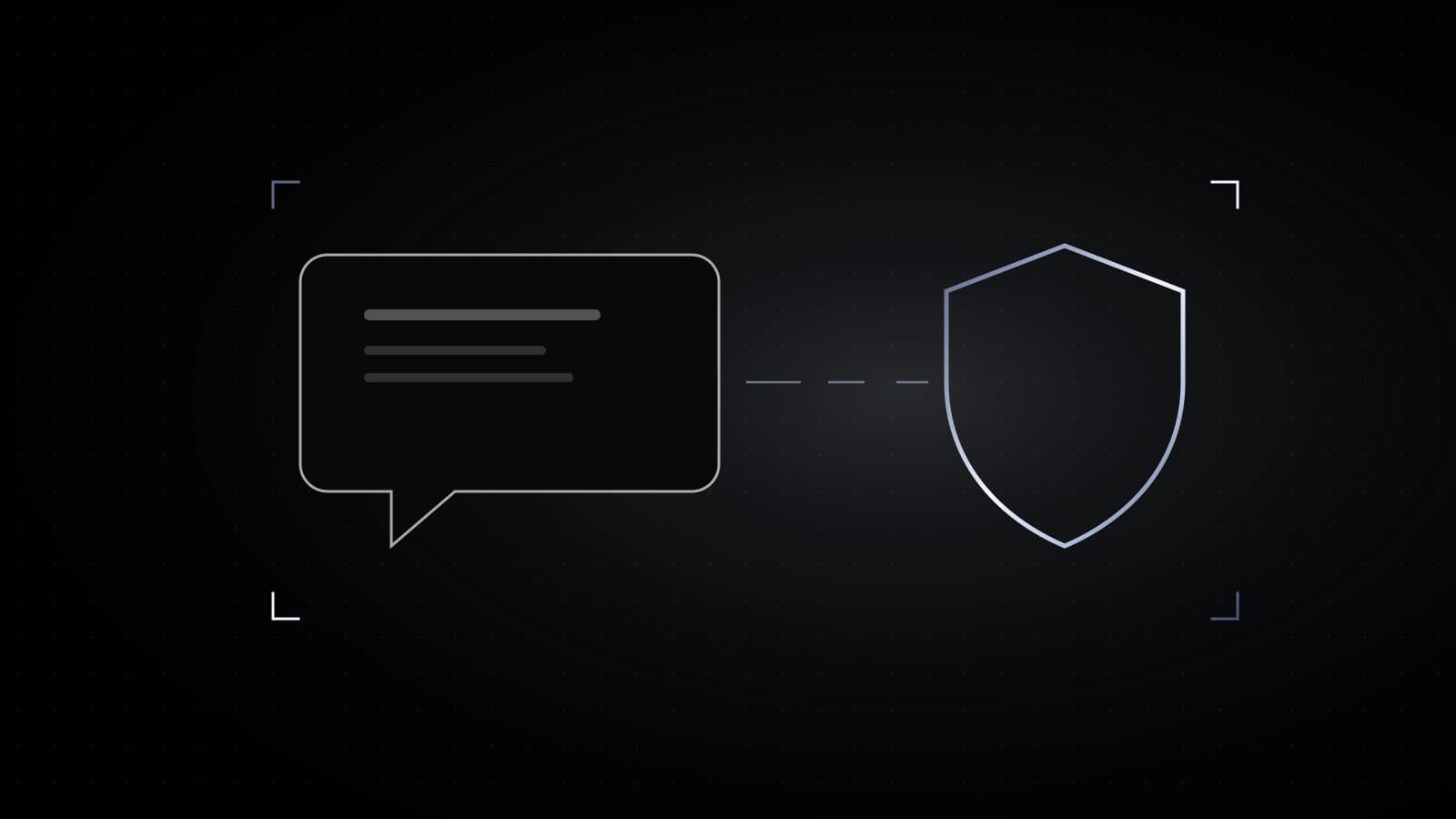 A dark speech bubble outline on black with a steel shield shape beside it, and a broken dotted line running between them.