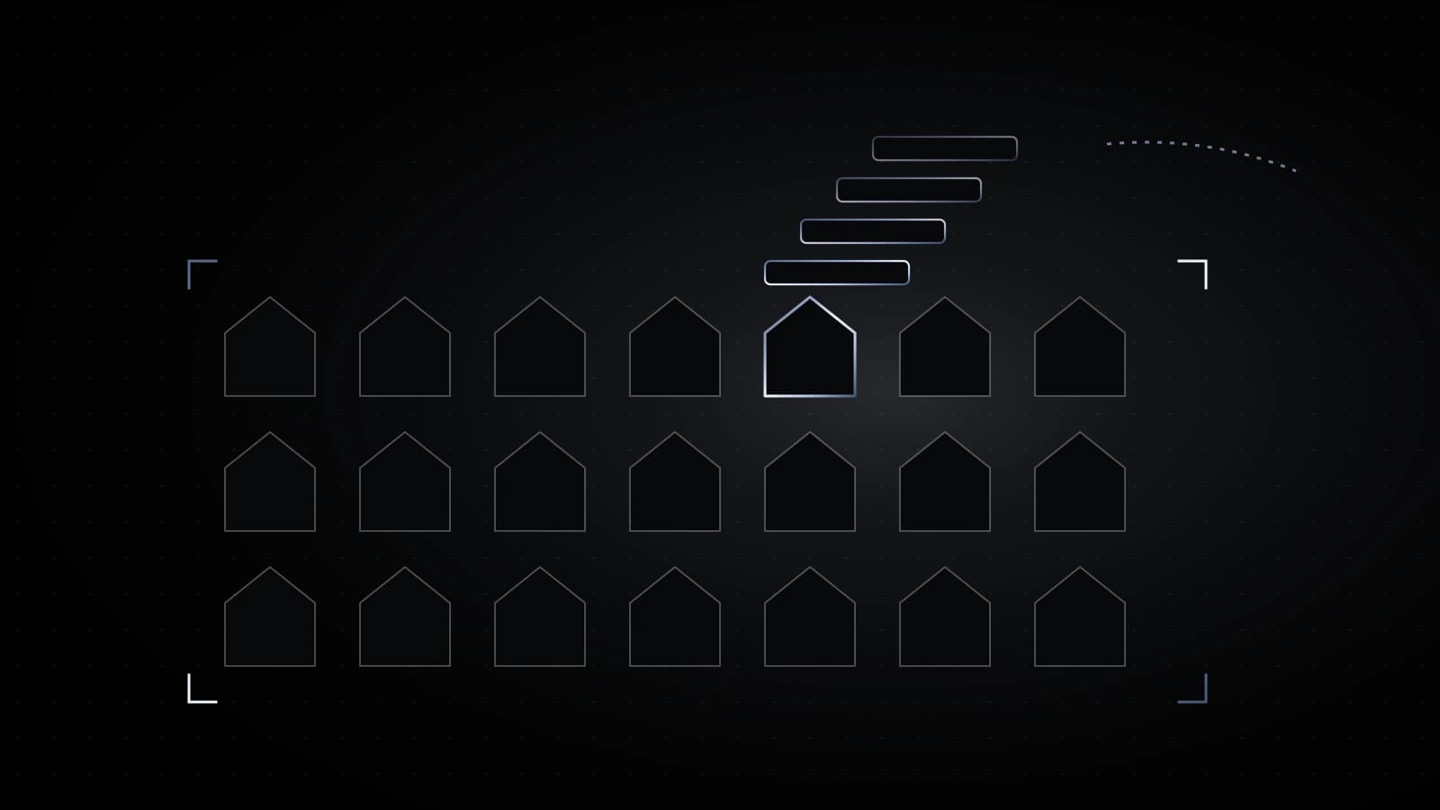 A grid of small house outlines on black, one outlined in steel with a stack of thin record bars lifting out of its roof toward the top right.