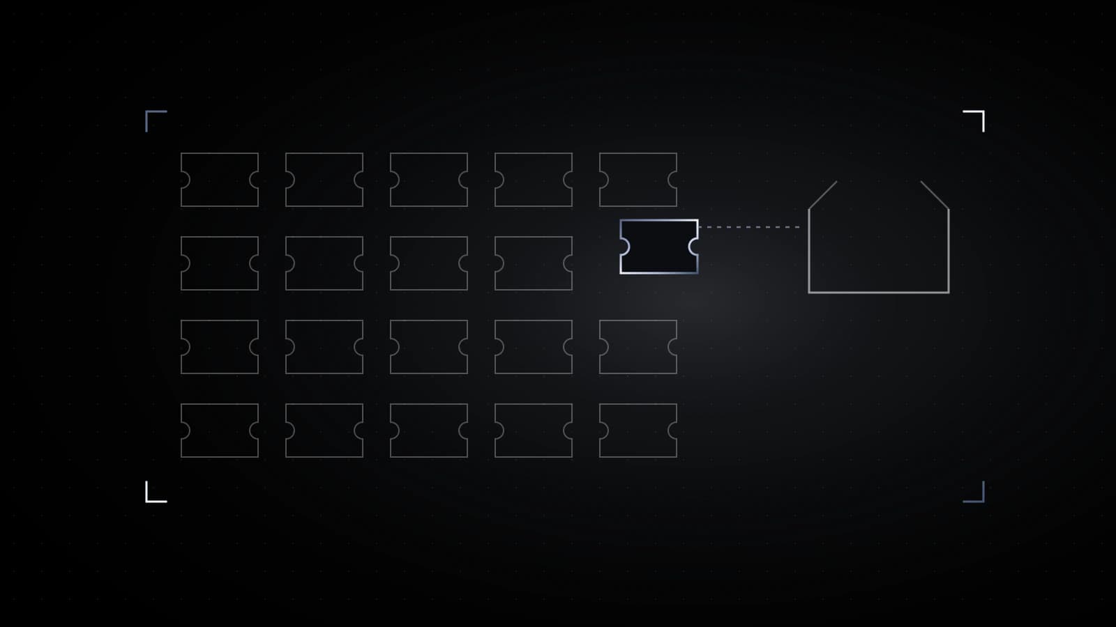 Rows of small dark ticket stubs on black, one stub lifted out in steel with a dotted line drawn to an open box at the right.