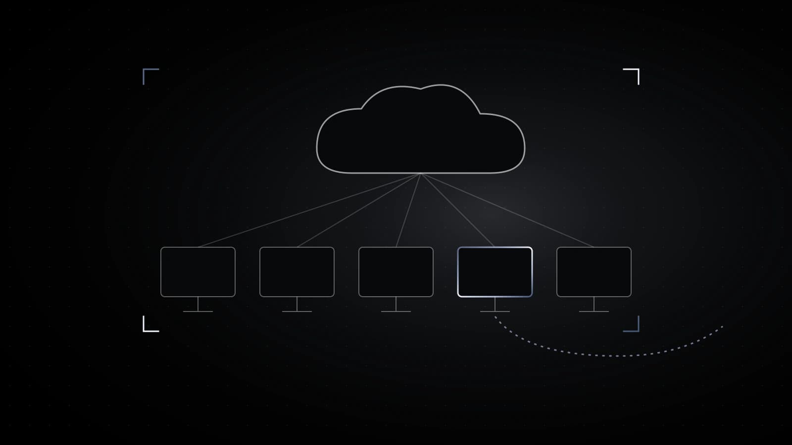 A row of plain monitor outlines on black linked to one cloud shape, one monitor outlined in steel with a thin dotted line running out to the edge.