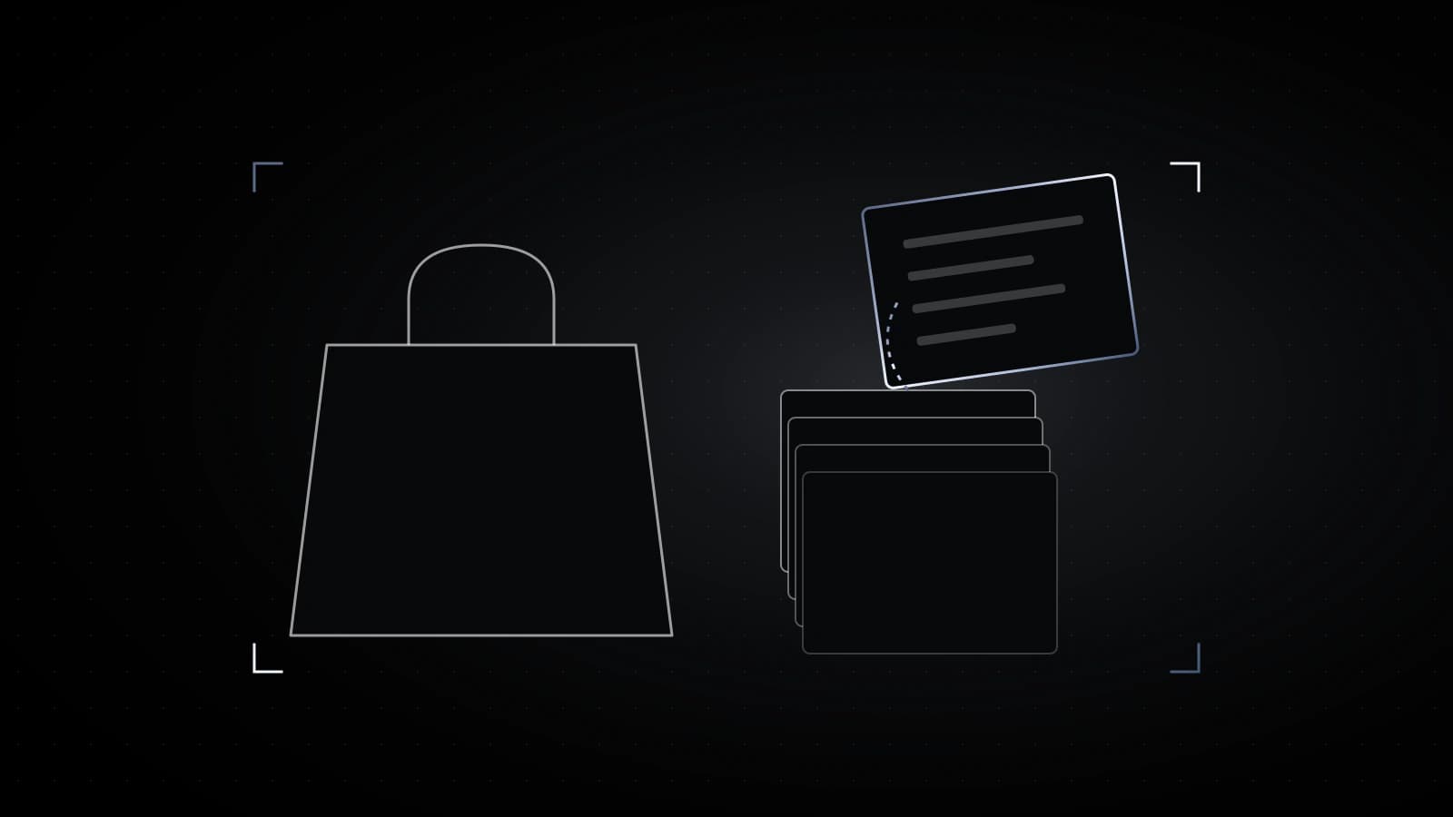 A plain shopping-bag outline on black beside a short stack of order slips, the top slip lifted away by a steel line.