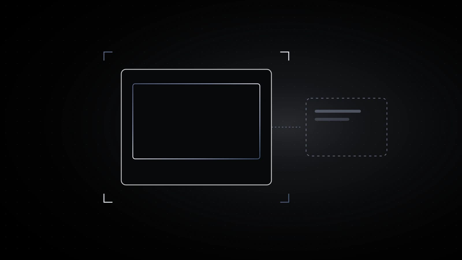 A screenshot frame in steel stays inside bracket corners. A dashed card of short bars sits outside the frame, joined by a dotted line.