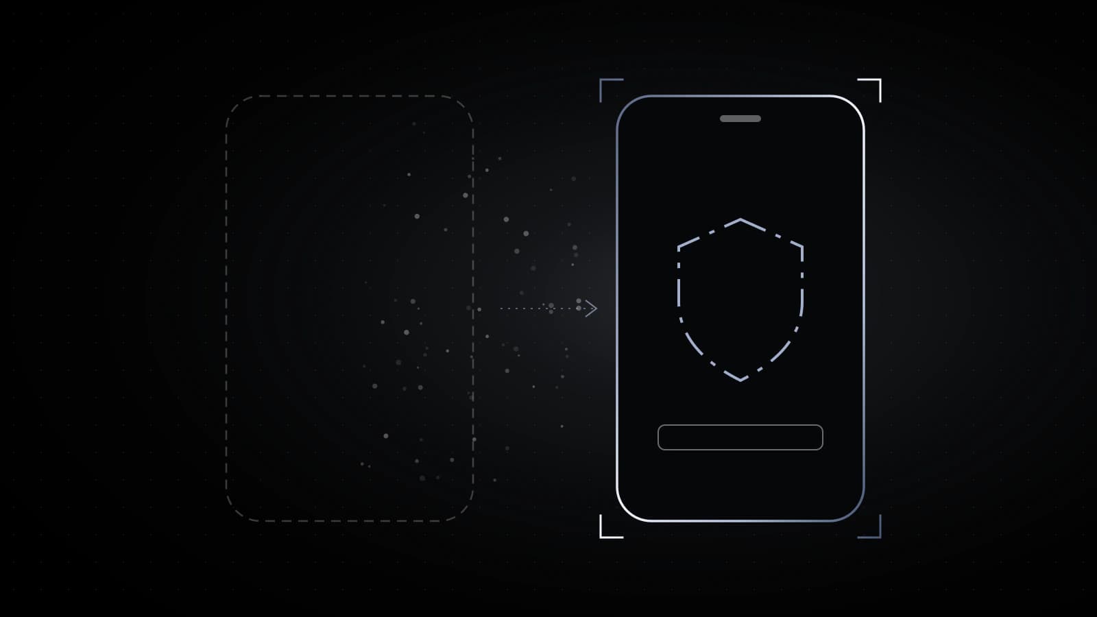 Deux contours de téléphone sur fond noir, celui de gauche pâle et qui se désagrège, celui de droite en acier avec un petit bouclier dessiné en traits brisés.