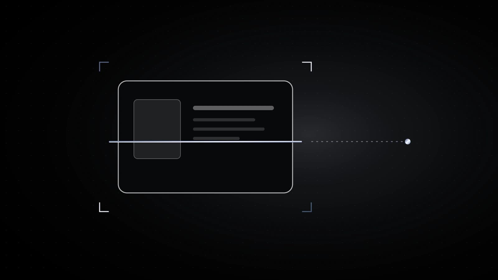 A dark card outline with a faint photo square and text bars, scanned by a thin steel line, with a dotted trail leading away to the right.
