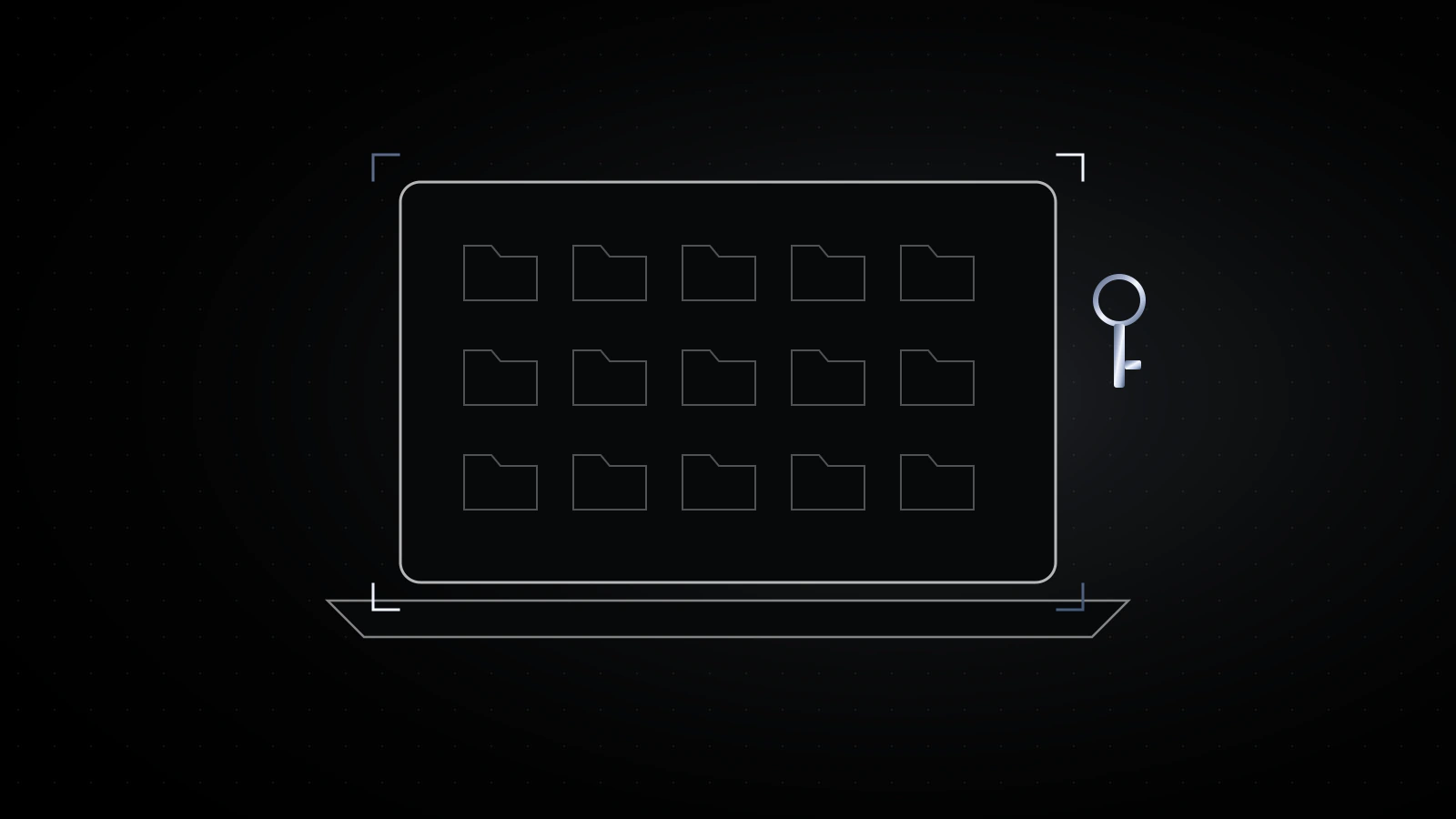 A dark laptop outline on black with a grid of small folders inside it, one steel key shape at the edge, and brackets around the screen.
