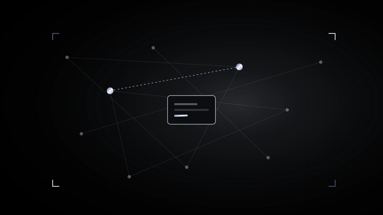 A dark field of small nodes, two of them drawn in steel and joined by a broken line, with one unchanged block in the middle.