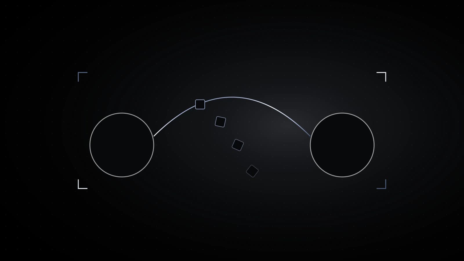 Two plain circles on black joined by a curved steel line, with a few small squares slipping off the line partway across.