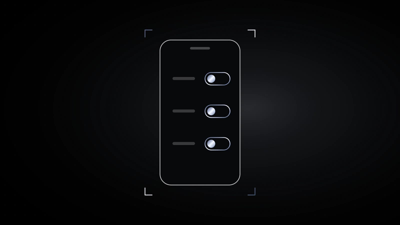 A small rounded phone outline on black with three steel toggle switches inside, all in the off position, framed by brackets.