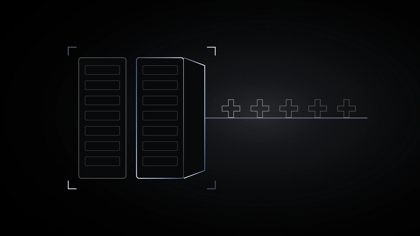 Two old server towers outlined on black, one with its front panel open and a thin steel line leading out of it past a row of medical cross shapes.