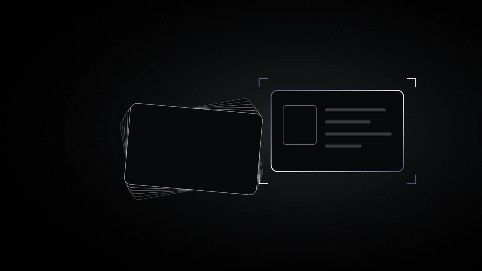 A stack of plain ID cards on black, fanned slightly, with the top card slid aside and outlined in steel.