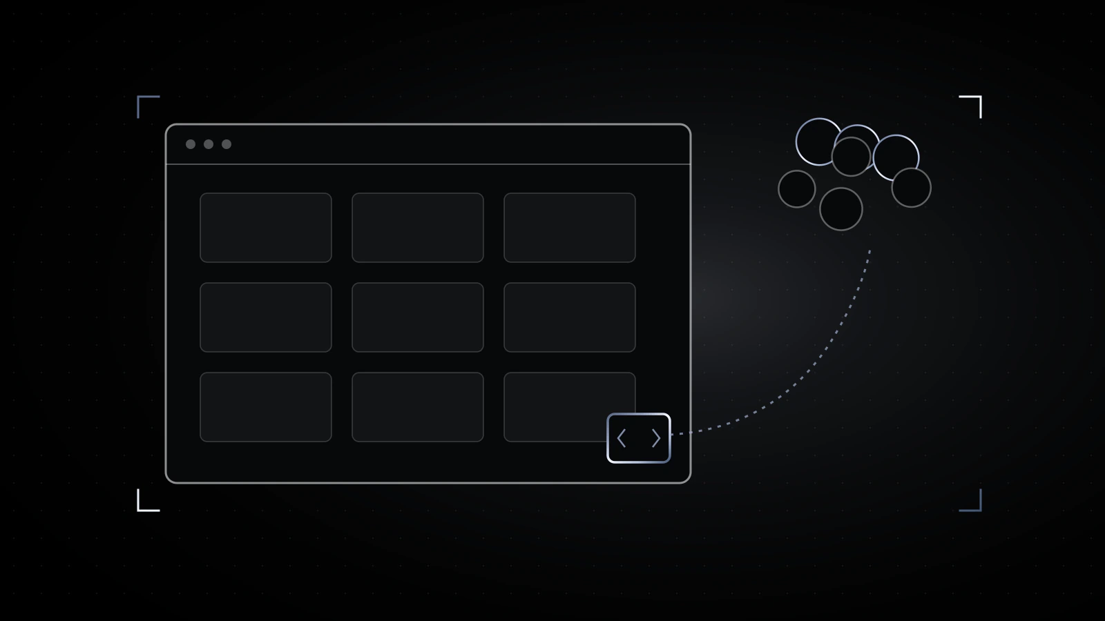 A webpage outline on black with a small script tile in its corner outlined in steel, a dotted path running from the tile out to a cluster of small coin circles.