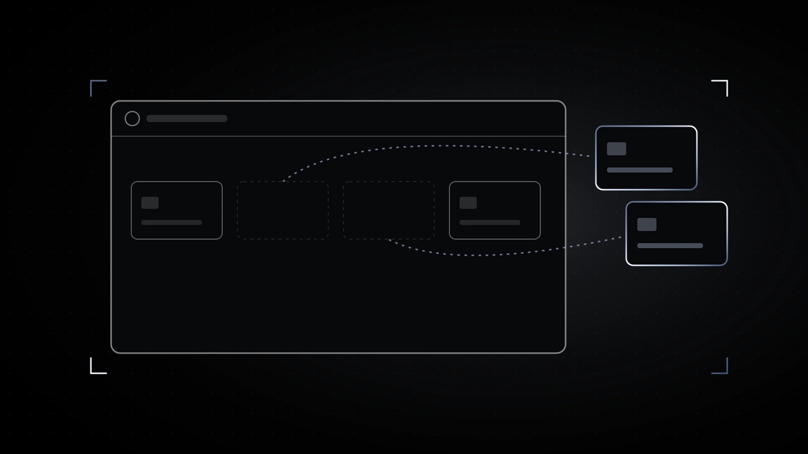 A row of faint payment card outlines on black inside a shopping account panel, two cards lifted out in steel along a dotted line toward the right edge.