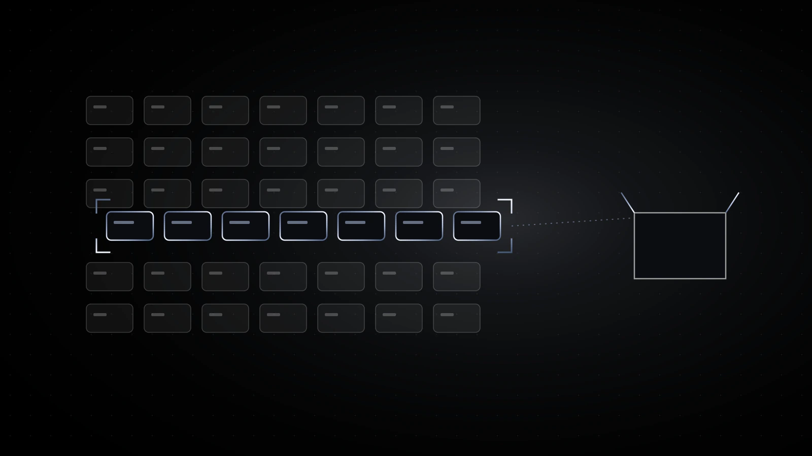 Rows of small dark loyalty cards on black, one row lifted out in steel and drawn toward a single open box at the right.