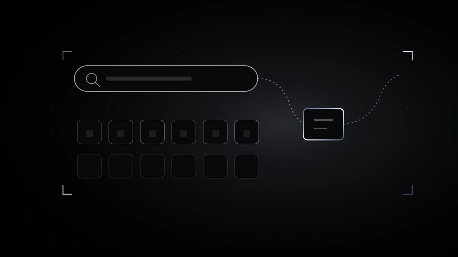 A browser search bar outline on black with a dotted path that detours through a small steel box before continuing to the right, faint extension tiles below.