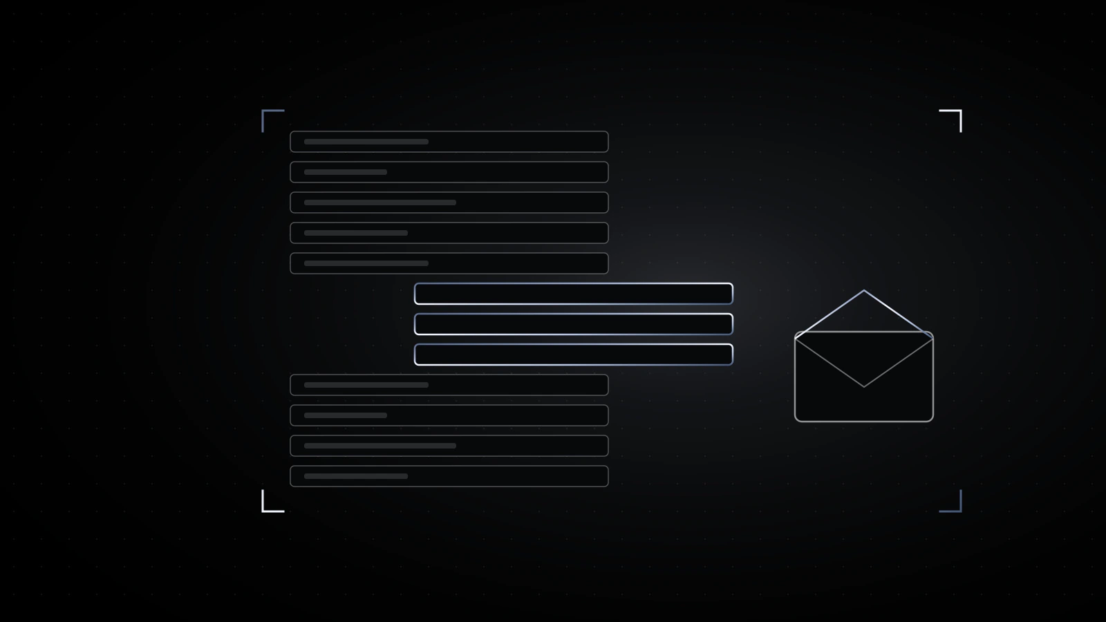 A tall stack of thin record bars on black, a band of bars near the middle outlined in steel and sliding out sideways, with a small open envelope outline beside it.