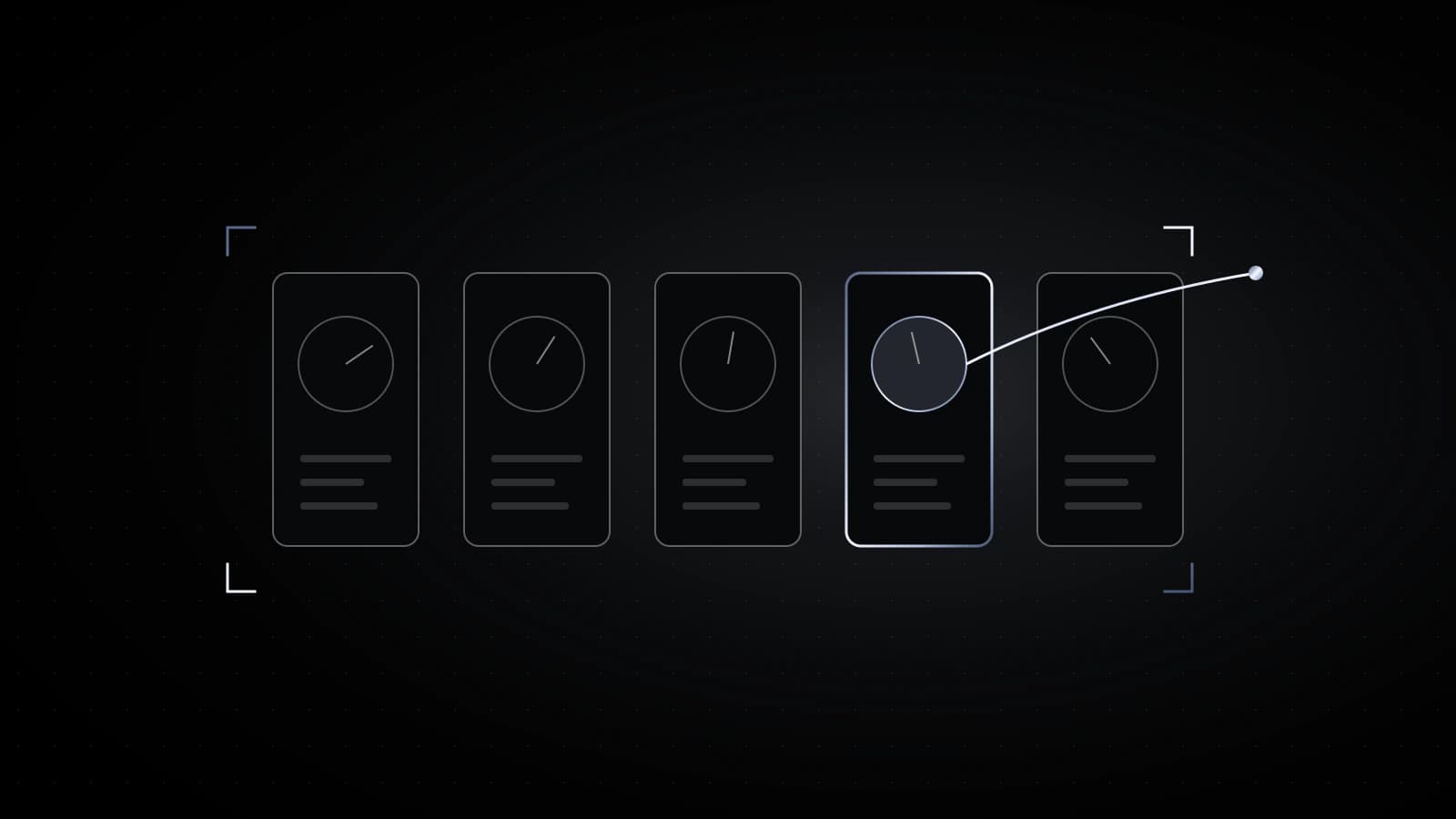 A row of plain electric meters on black, one meter’s dial glowing steel with a thin line running out of it.