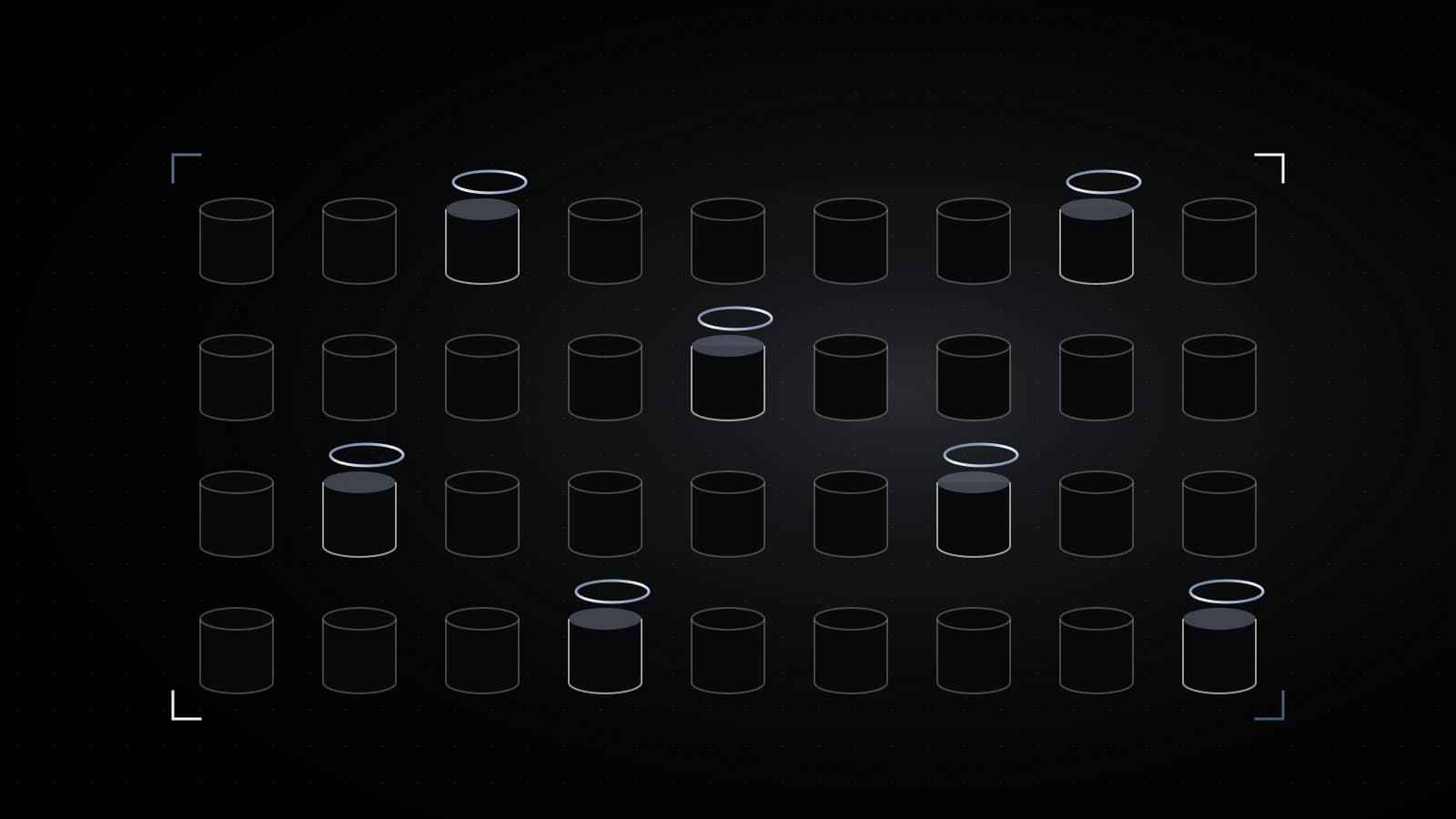 A grid of small plain database cylinders on black, most dark, a scattered few with their lids lifted and a steel glow inside.