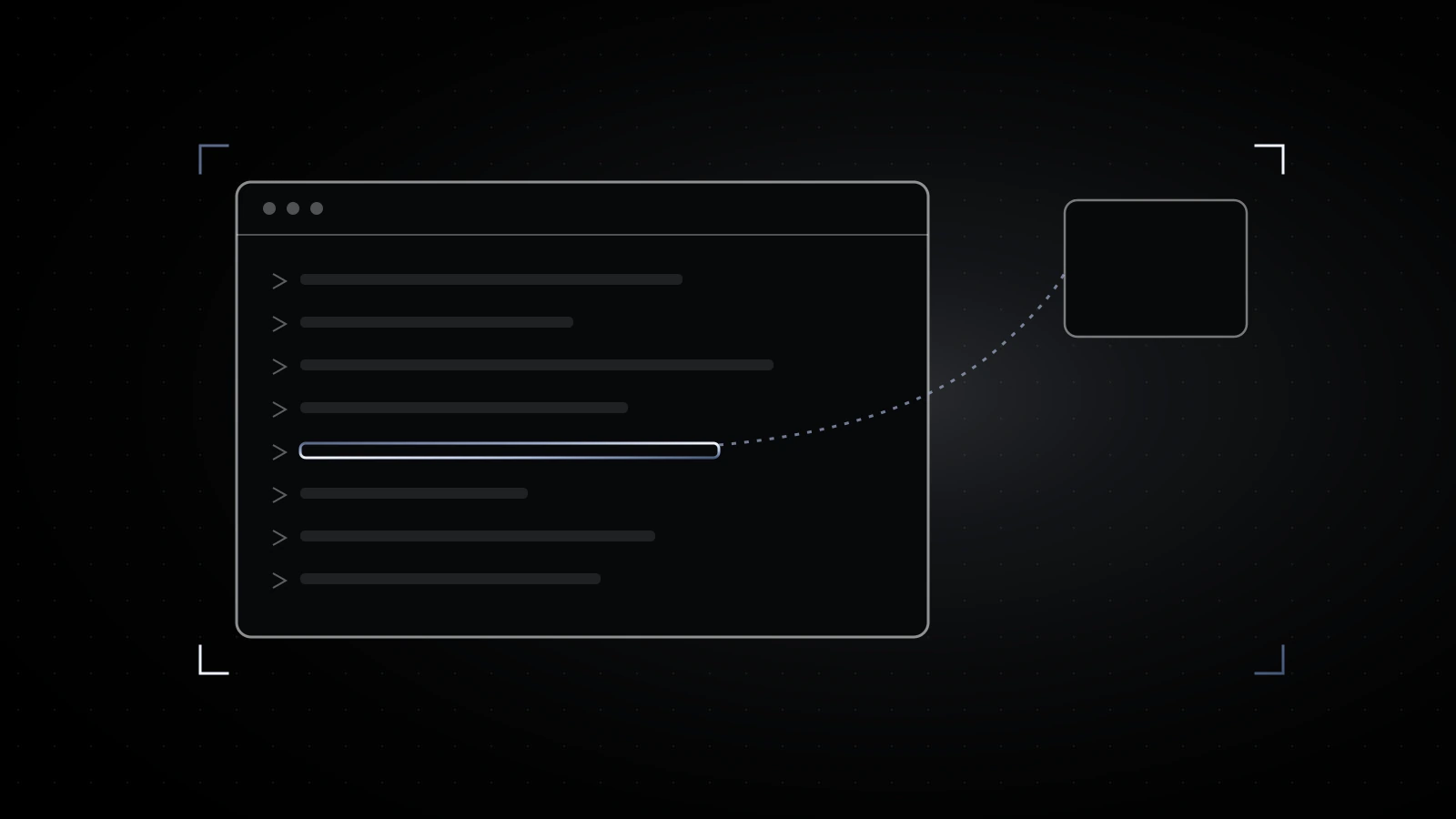 A terminal window outline on black with rows of faint log lines, one line outlined in steel and a dotted path leading from it to a small separate box.