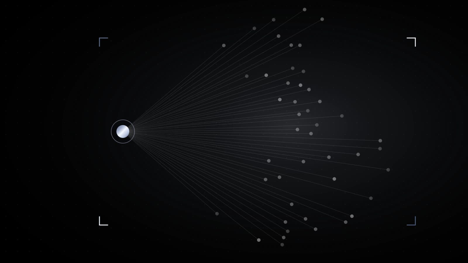 A single steel point on black with thin lines fanning out to dozens of faint dots, like one signal sent to many receivers.